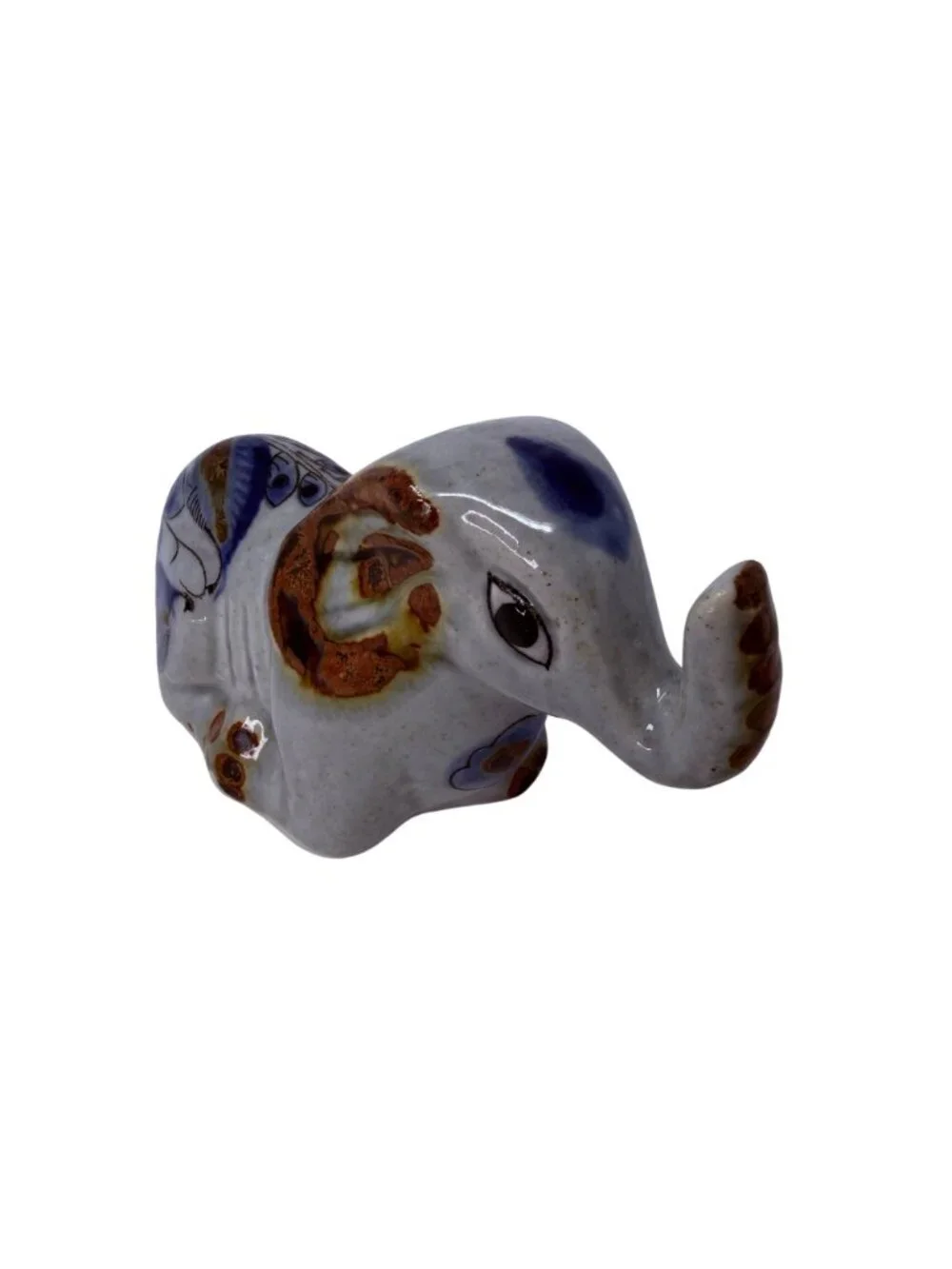 Vintage Mexican Tonala Pottery Elephant Figurine Hand Painted 1980s